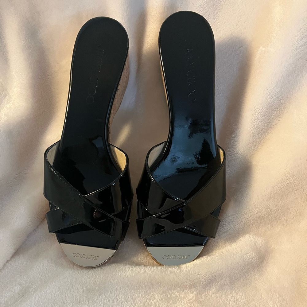 Jimmy Choo - Pristine condition, size 6 1/2 Black Pandora 2 1/4 inch slides.